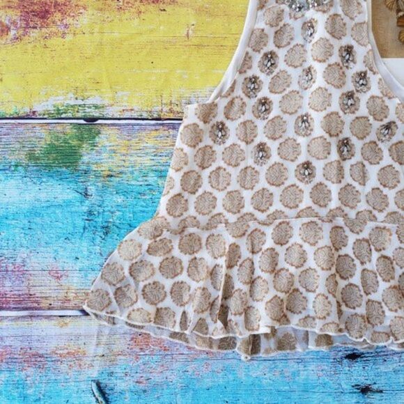 UO Kimchi Blue Chanderella Jacquard Embellished Beaded Metallic Peplum Top S - Picture 6 of 12